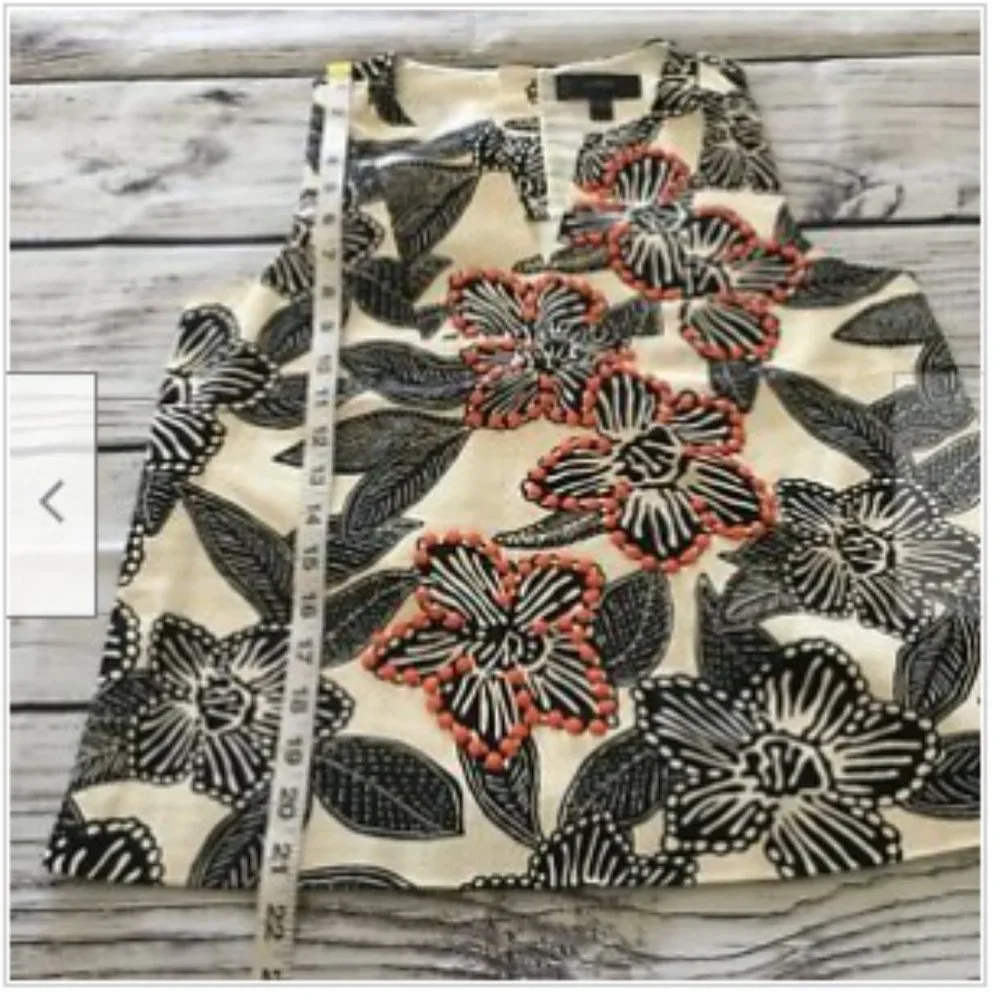 J Crew Beige Black Notched Shell‎ Blouse Top Polynesian Floral Print